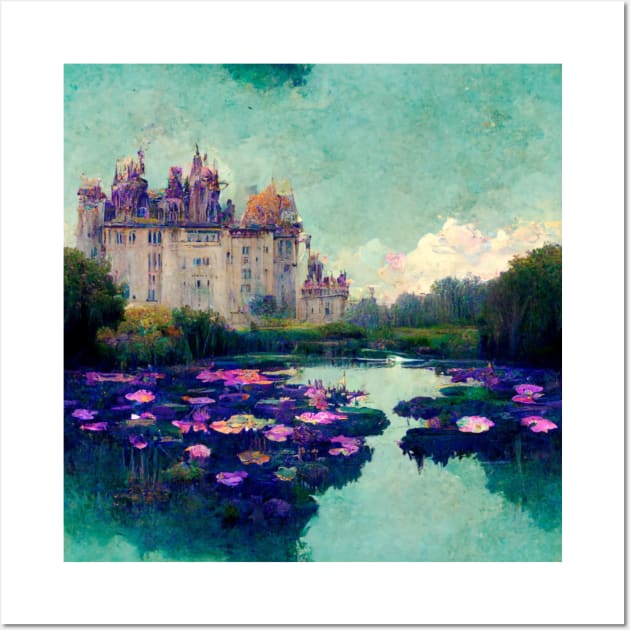 Teal Sky Castle and Waterlillie pond flower painting Wall Art by joannejgg